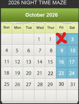 Calendar for Schuett Farms Night time Corn Maze Wisconsin